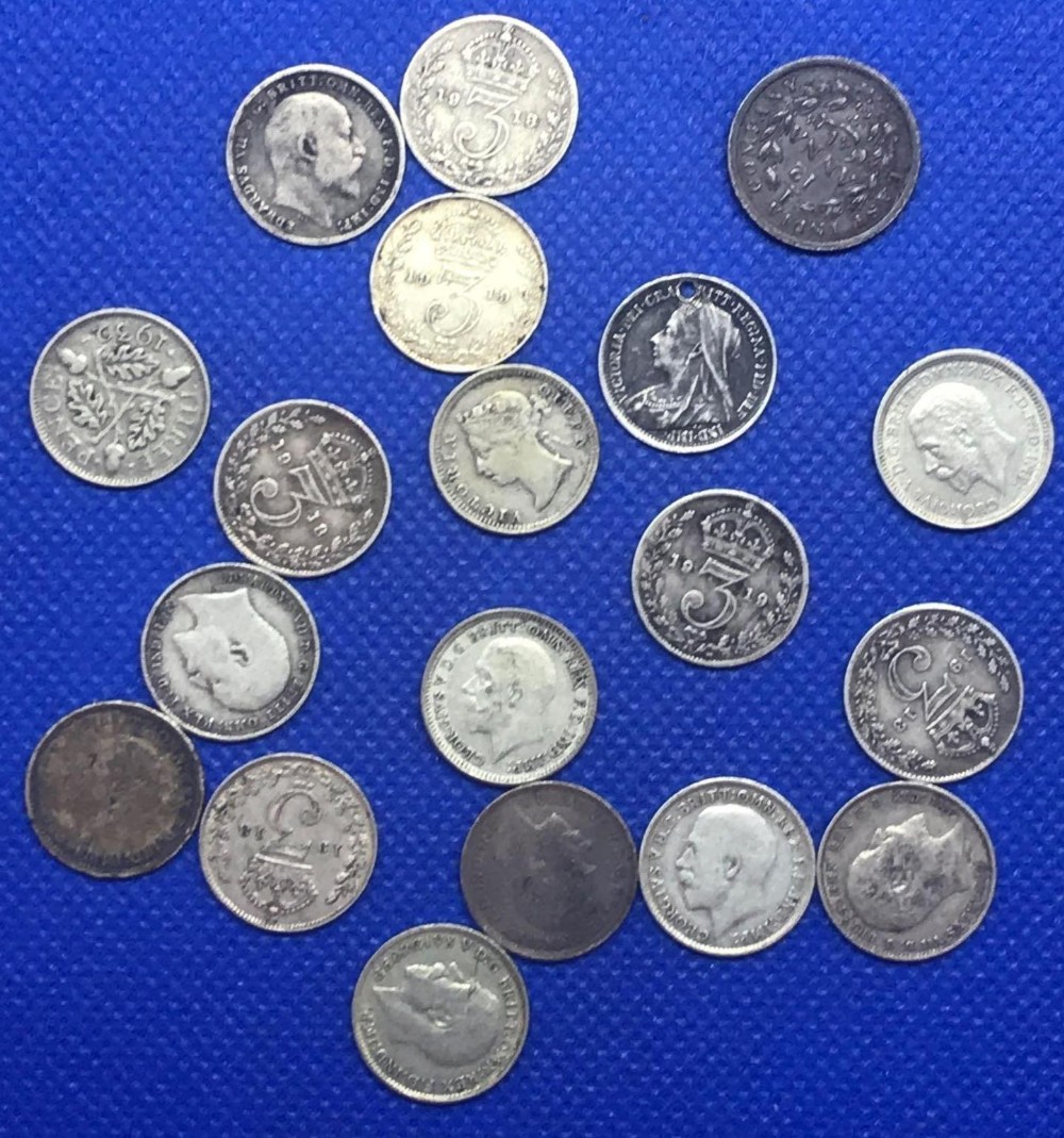 SIXTEEN SILVER 3 PENCE'S & 2 OTHERS