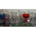 SHELF OF GLASS WATER JUGS, DESSERT DISHES & GOBLETS ETC