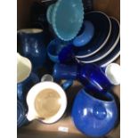 CARTON OF BLUE COLOURED POTTERY, JUGS & PLATES