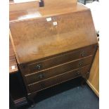 1950'S MAHOGANY BUREAU WITH 3 DRAWERS & FITTED INTERIOR (HANDLE IN DRAWER)