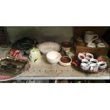 SHELF OF MISC CHINAWARE INCL; COFFEE MUGS, NAPKIN RINGS & HONEY POT