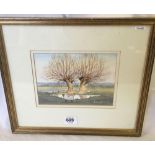 VIVIEN BROMLEY SWA. WATERCOLOUR ENTITLED ''SUNRISE'' OF SHEEP BESIDE A POND AND WILLOW TREES.