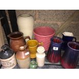 PART SHELF OF VASES, PUB JUGS & STONE JARS