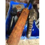 CARTON OF WOODEN ITEMS INCL; CRICKET BAT