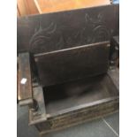 VINTAGE CARVED OAK MONKS BENCH / TABLE WITH HINGED SEAT & STORAGE (33£ W)