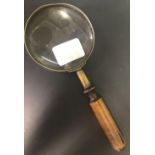 VINTAGE TURNED WOOD BRASS & METAL MAGNIFYING GLASS 18cms