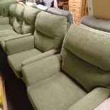 THREE SEATER SETTEE, TWO MATCHING ARMCHAIRS & FOOT STOOL IN GREEN FABRIC