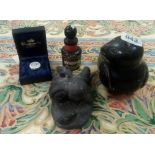 STONE FIGURE OF A DUCK, ESKIMO SCULPTURE, VINTAGE DR MACKENZIES SMELLING BOTTLE & SMALL ENAMEL POT