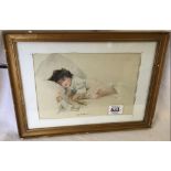 WATERCOLOUR OF A SLEEPING CHILD WITH HER TEDDY AND DOLL. SIGNED AND INSCRIBED ''THE NEW LOVE''