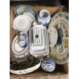 CARTON WITH VARIOUS PLATES, BLUE & WHITE POMANDER, VASES & DISHES