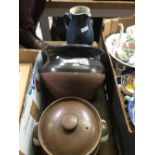 BROWN DENBY STONEWARE POT WITH LID, JARDINIERE POT & STUDIO STYLE POTTERY JUG