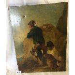 19TH CENTURY OIL ON CANVAS. ''THE DAY'S BAG''. A FIGURE CARRYING GAME WITH TWO DOGS. SOME OLD