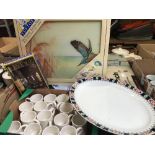 CARTON WITH MIXED PLATES, COFFEE CUPS, GLASSWARE, KITCHEN BOARD & OTHER ITEMS