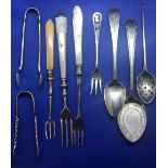 COLLECTION OF OLD WHITE METAL FORKS, SPOONS ETC