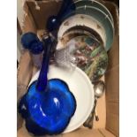 3 CARTONS OF MIXED CHINAWARE INCL; BLUE & WHITE & ORDINARY PLATES, VASES, BLUE GLASSWARE &