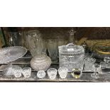 SHELF OF MIXED GLASSWARE INCL; DECANTERS, BISCUIT BARRELS & CHANDELIER FITTING