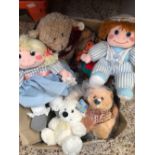 BOX OF SOFT TOYS, BEAN BEARS, PAIR NURSERY SHELF DOLLS, BAG OF NEW TEDDY BEARS