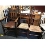 2 STRING SEATED LADDER BACK CHAIRS & AN OAK ELBOW CHAIR WITH A CIRCULAR BEVELLED EDGE MIRROR