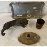 PLATED TRAY, CANDLE HOLDER, METAL LION FIGURE A/F, METAL BEAKER