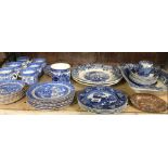 SHELF OF BLUE & WHITE CHINA WITH GOLD RIMS BY R & D, FALLOW DEER BY WEDGWOOD & ENGLISH SCENERY BY