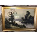 3 GOLD COLOURED FRAMED PAINTINGS OF RIVER SCENES BY BECCA
