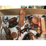 CARTON OF SMALL TREEN FIGURES OF ANIMALS & 2 VINTAGE ROLLS RAZORS