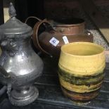 SPELTER WATER JUG A/F, BROWN CERAMIC VASE & 2 HANDLED COPPER POT