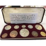 1. 1953 QEII CORONATION PROOF 10 COIN SET IN RED ROYAL MINT CASE. COINS TARNISHED