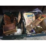 2 BOXES OF VARIOUS TREEN POTTERY, COMICS, CRICKET BAT ETC