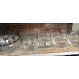 SHELF OF GLASS DESSERT BOWLS & OTHER GLASSWARE