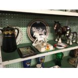 2 MELBA CART HORSES GREY & BROWN. SOUVENIR PLATE FROM GREECE, GILT FINISH BLACK TEA POT, WHITE