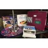 BOX OF CURTAIN TAPES, THERMAL GLASS POT, INSULATED FOOD SERVER, BUTTER DISH, TRAY & MUG HOLDER