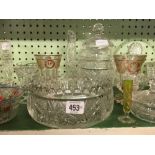 SHELF OF CUT GLASS VASES, DECANTERS & OTHER GLASSWARE