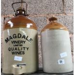 TWO STONEWARE JARS, ONE WITH A SPIGOT & MARKED MAGDALE VINERY LTD QUALITY WINES