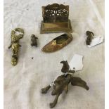 TUB WITH 2 SMALL BRASS AFRICAN FIGURES, BRASS GRIFFIN, CHILD DOOR KNOCKER & BRASS STAMP BOX