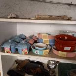 SHELF OF CERAMIC BOWLS & DISHES WITH LIDS