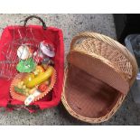 COVERED WICKER BASKET WITH HANDLE & 1 CONTAINING STAINLESS STEEL EGG HOLDER & KITCHEN BRIC-A-BRAC