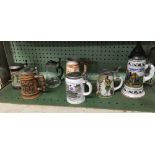 SHELF OF 6 POTTERY STEINS & 1 GLASS STEIN