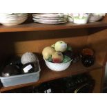 SHELF OF DECORATIVE CERAMIC BALLS, PAPER WEIGHTS & CERAMIC FRUIT