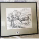 TWO ORIGINAL ANDREW MILLER PENCIL DRAWINGS. LITTLEHEMPSTON CHURCH AND A FARMER AND A COW IN A