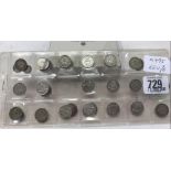 QTY OF PRE 1945 SILVER COINAGE. 19 X 3 PENCE'S FROM 1922 TO 1942 TOGETHER WITH OTHER EARLIER COINS