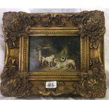 OIL PAINTING ON WOOD PANEL OF THREE BULL TERRIERS BESIDE A BARN IN A DECORATIVE VICTORIAN STYLE GILT