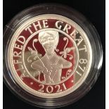 2021 ROYAL MINT UK SILVER PROOF PIEDFORT FIVE POUND COIN ALFRED THE GREAT, STRUCK IN 0925 STERLING