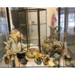 SHELF OF SMALL CHINA DECORATIONS INCL; DISPLAY CASE & AN AYNSLEY LIDDED VASE