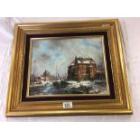 OIL PAINTING ON WOOD PANEL OF A BUSY, SNOWY TOWN SCENE WITH MANY FIGURES AND FROZEN RIVER,