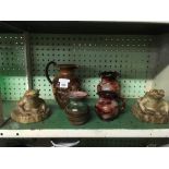 ROYAL DOULTON ALE JUG, 2 POTTERY FROGS & 3 STUDIO POTTERY ITEMS