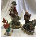 3 FIGURINES - 1 OF FISH, A BOY SAT LOOKING AT A FISH & 2 OLD GENTLEMAN CHATTING- ALL A/F