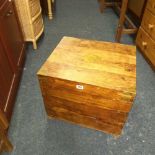 MODERN STAINED PINE & BRASS BOUND WINE BOX WITH HINGED LID