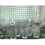 SHELF OF VINTAGE ETCHED GLASSES, TUMBLERS, DESERT DISHES, WINE GLASSES ETC