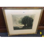 PENCIL SIGNED MEZZOTINT ''THE BENT TREE'' AFTER COROT, IN DECORATIVE ANTIQUE GILT FRAME, SIGNED IN